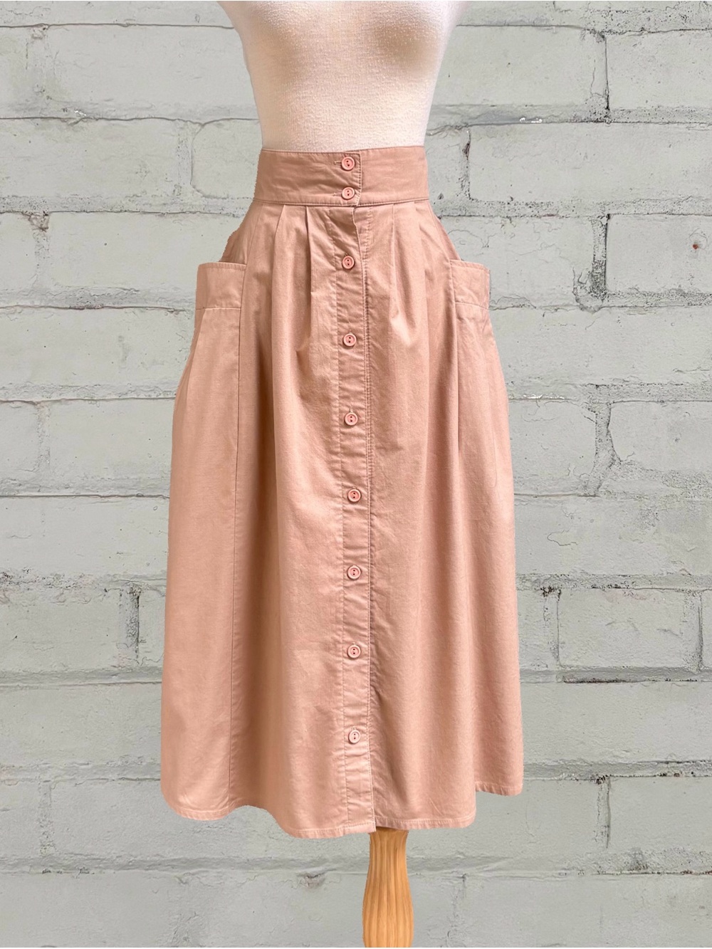 Vintage Beige Button-Front Midi Skirt